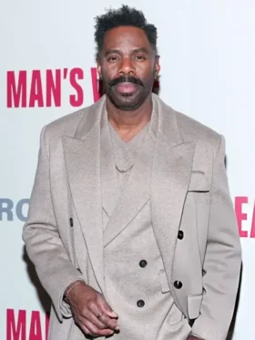 Colman Domingo inspired long taupe wool coat with a tailored fit.