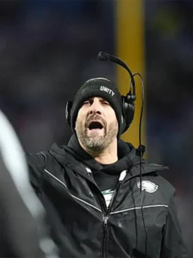 Nick Sirianni Philadelphia Eagles black hooded jacket with a front zipper.