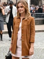 Emma Watson Summer Spring 2026 brown suede coat in a front side view.