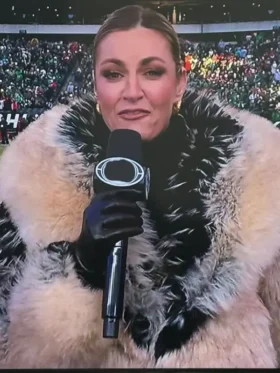 Erin Andrews black and smoke gradient mix fur coat detail.