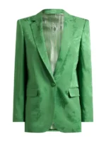 Close-up of the button closure and textured floral fabric on the Andreia Rodrigues blazer by TV Jackets.