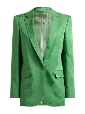 Close-up of the button closure and textured floral fabric on the Andreia Rodrigues blazer by TV Jackets.