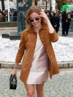 Emma Watson Summer Spring fashion show brown suede coat front closure.