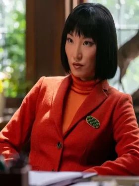 Helen Wang wearing a bold red blazer in His Hers 2026 by TV Jackets, front view.