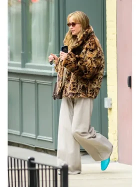 Jennifer Lawrence wearing a boxy leopard print faux fur jacket in NYC, January 2026 street style.