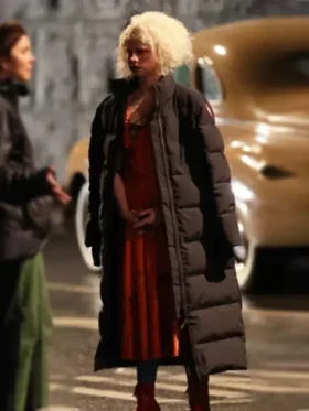 Jessie Buckley The Bride Coat featuring a voluminous avant-garde silhouette and a premium matte finish for a high-status cinematic profile.