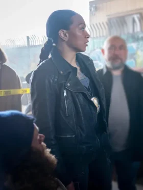 Kali Reis Mercy Leather Jacket featuring a rugged onyx finish and a premium tailored silhouette for a high-status cinematic look.