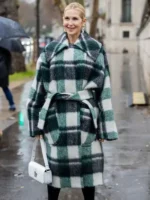 Detailed view of the collar and fabric on the Kelly Rutherford Paris Fashion Week 2026 wrap coat from TV Jackets.