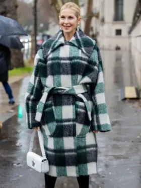 Detailed view of the collar and fabric on the Kelly Rutherford Paris Fashion Week 2026 wrap coat from TV Jackets.