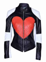 Love Heart Leather Jacket for women featuring a feminine cropped length and a vibrant, high-energy red and black design.