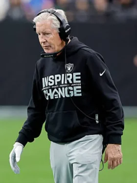 Carroll Las Vegas Raiders 2025 hoodie featuring the Inspire Justice logo.