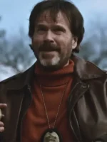 Dead Man’s Wire dark brown leather jacket with a shirt style collar and zipper.