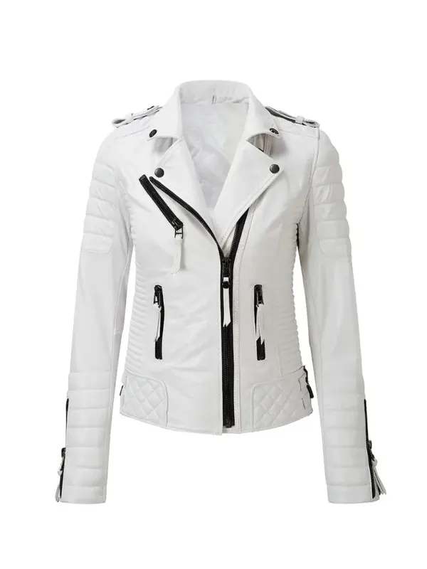 Magnuson White Leather Biker Jacket In View Of Front Magnuson White Leather Jacket TV