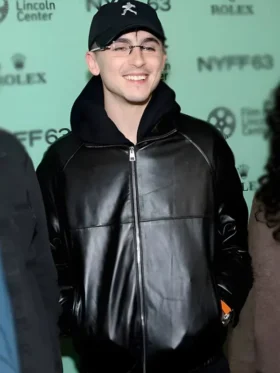 Timothee Chalamet Marty Premiere black leather bomber jacket image highlighting the tailored shape and classic black finish.