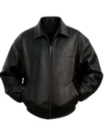 Front view of Timothee Chalamet Marty Premiere black leather jacket showing zipper closure, shirt collar, and pockets.