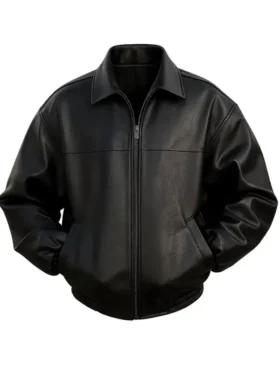 Front view of Timothee Chalamet Marty Premiere black leather jacket showing zipper closure, shirt collar, and pockets.