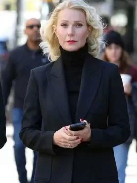 Gwyneth Paltrow Marty Supreme 2025 black blazer front view showing lapel collar, button closure, and tailored fit.