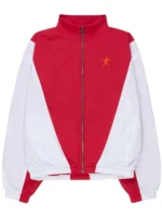 Red and white Marty Supreme zip-up jacket front view showing V color-block design and stand-up collar.