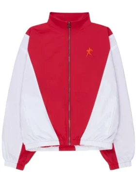 Red and white Marty Supreme zip-up jacket front view showing V color-block design and stand-up collar.