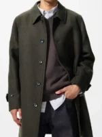 Men's relaxed olive green overcoat featuring a classic Balmacaan design.