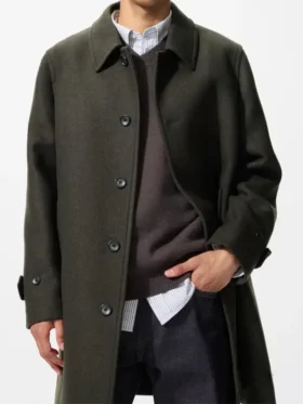 Men's relaxed olive green overcoat featuring a classic Balmacaan design.