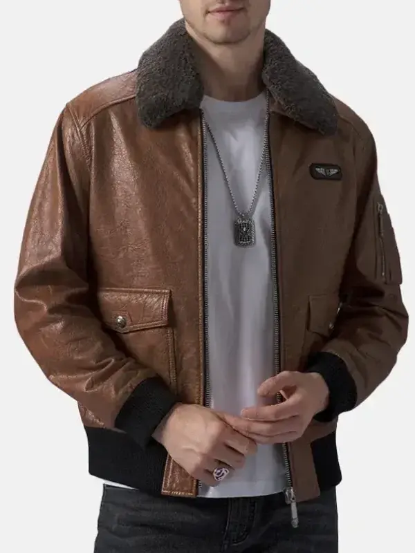 Mens-Brown-Leather-Flight-Jacket-Front-Open Brown Leather Flight Jacket TV JKT