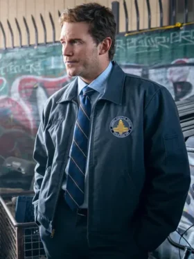 Front view of Mercy 2026 Chris Pratt cotton jacket with shirt collar, zip closure, and clean uniform-inspired fit.