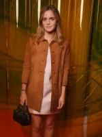 Emma Watson Summer Spring fashion show 2026 brown suede coat front view.