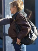 Front view of the NYC 2026 Bella Hadid brown leather jacket with buttons by TV Jackets.