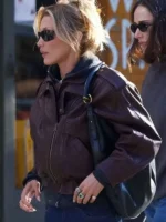 Side view of the NYC 2026 Bella Hadid brown leather jacket at TV Jackets.