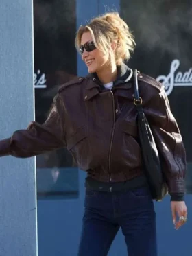 A street-style look at the NYC 2026 Bella Hadid brown leather jacket from TV Jackets.