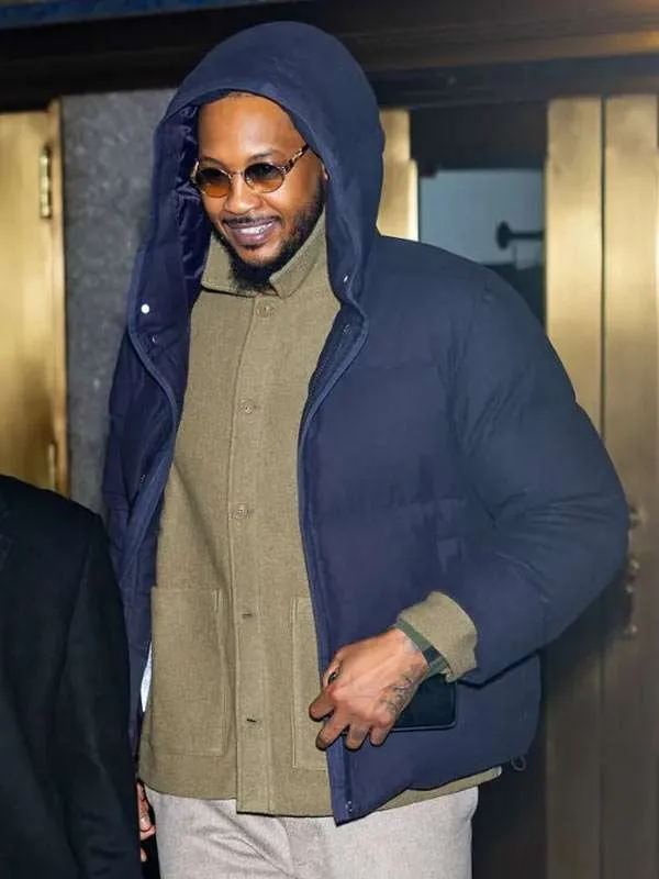 NYC-Carmelo-Anthony-Puffer-Hooded-Jacket In Front Of View NYC Carmelo Anthony Puffer Hooded Jacket in a navy blue front-view display.