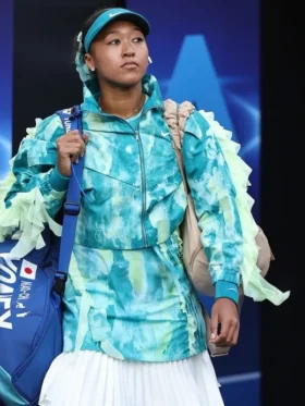 Front view of the Naomi Osaka 2026 Australian Open track jacket in turquoise tie-dye by TV Jackets.