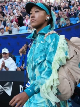 Side view of Naomi Osaka's 2026 Australian Open jellyfish track jacket from TV Jackets, showing blue ruffles.