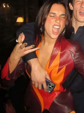 Dua Lipa inspired leather blazer with a modern 2026 fashion aesthetic.