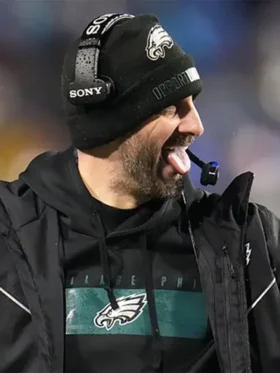 Nick Sirianni Philadelphia Eagles black jacket with a cozy hood and team colors.
