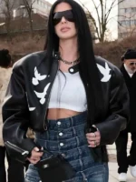 Full shot of the Camilla Araujo PFW 2026 black leather jacket available at TV Jackets.