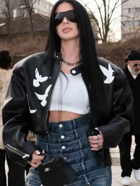 Full shot of the Camilla Araujo PFW 2026 black leather jacket available at TV Jackets.