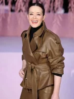 Detailed view of the PFW 2026 Claire Foy brown leather jacket from TV Jackets.