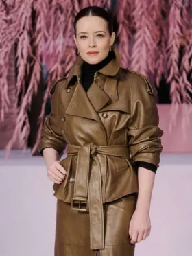 A full front look at the Claire Foy brown leather jacket at TV Jackets.