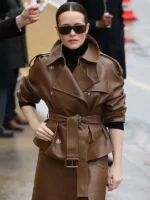 Front view of the PFW 2026 Claire Foy brown leather jacket from TV Jackets.