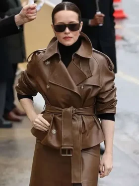 Front view of the PFW 2026 Claire Foy brown leather jacket from TV Jackets.