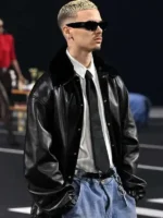 A trendy styling shot of the PFW 2026 Romeo Beckham black leather jacket from TV Jackets.