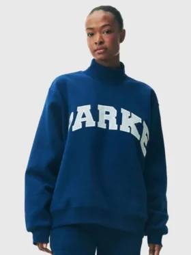Parke holiday varsity turtleneck sweatshirt fleece in royal blue.