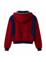 Haley Lu Richardson style red track jacket showcasing a polished ruby finish and a high-end athletic profile for a sophisticated fashion statement.