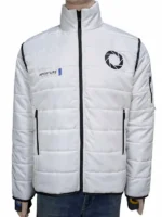 A man’s white quilted puffer jacket with black and red accents, inspired by Portal 2.