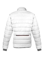Back view of the Portal 2 puffer jacket in white with a blue logo from TV Jackets.