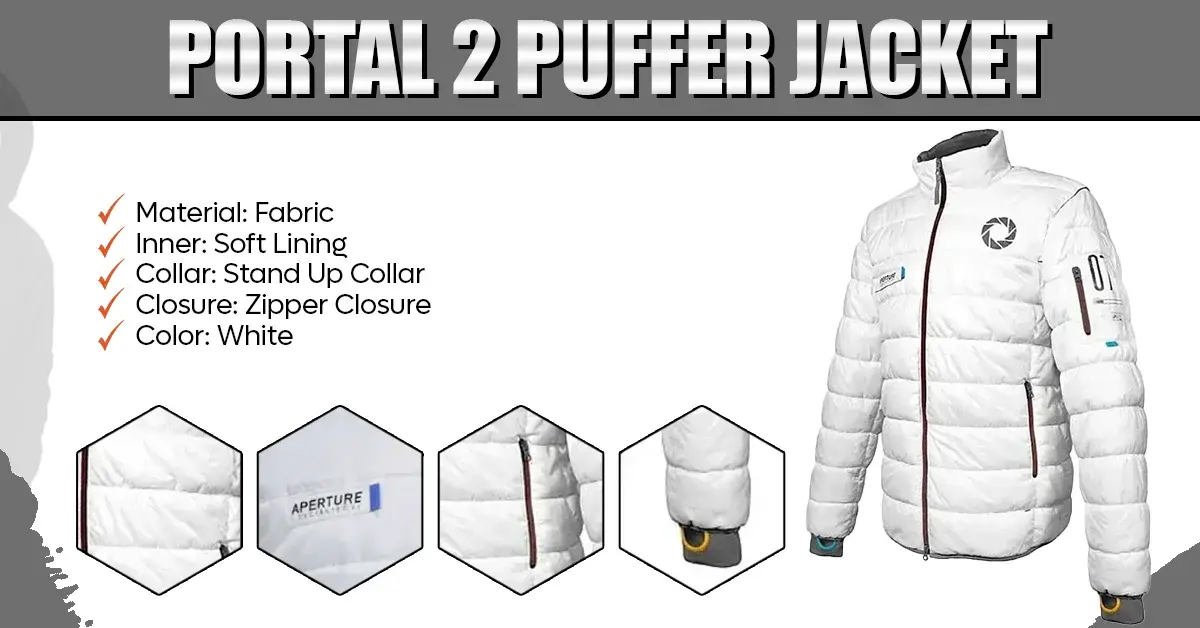 White quilted puffer jacket featuring gaming-inspired Aperture Science logos and contrasting zipper tracks next to an e-commerce feature specifications list.