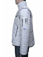 A white Portal 2 puffer jacket featuring the Aperture Science logo on the chest and "07" laboratory branding on the sleeve.