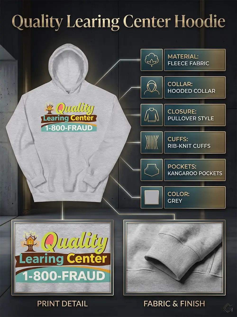 An infographic highlighting the print graphics, fabric texture, and structural design elements of the heather grey Quality Learning Center pullover hoodie.